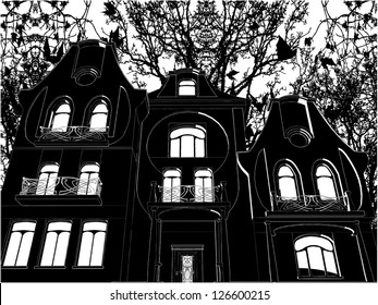 Haunted House Bats Halloween Background Vector 02