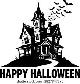 Haunted house with bats, pumpkins, and winding path.