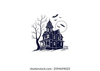 haunted house with bats silhouette vector illustration