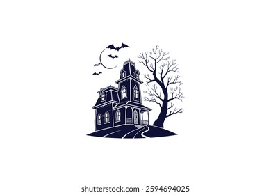 haunted house with bats silhouette vector illustration