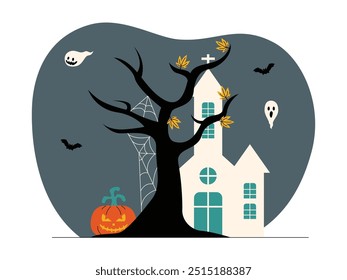 Casa embrujada detrás de un viejo árbol, Ilustración vectorial espeluznante.