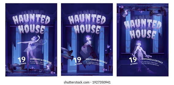 Haunted house cartoon flyers, invitation to Halloween party with costumes and cocktails. Abandoned hall with ghosts walk in darkness. Scary corridor with spooky dead characters, vector illustration