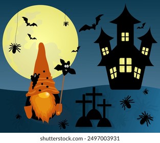  haunted house cartoon illustration. Vector horror scary mansion on night background with moon, bats, spiders and brownie. Party poster