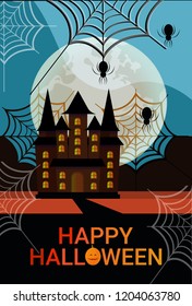 haunted house castle spider web happy halloween celebration concept full moon background flat vertical vector illustration