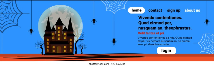 haunted house castle spider web happy halloween celebration concept full moon blue background flat horizontal banner copy space vector illustration