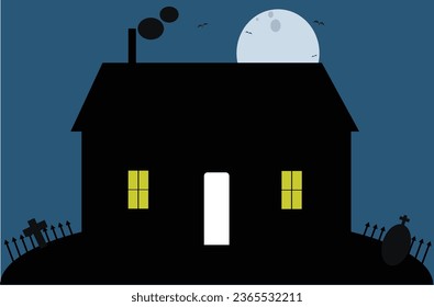 Kollektion des Sputierten Hauses. Heuschreckenshaus Sehr großes Set von schwarzen Halloween-Silhouetten mit , Vögeln , Häusern, Bäumen, Geistern und Gräbern 