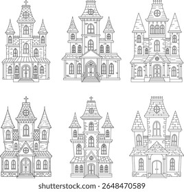 Coleção de casas assombradas - Conjunto de vetor de arte de linha de castelo assustador para desenhos de Halloween