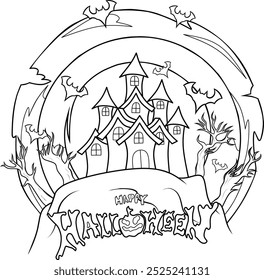 A haunted house coloring page featuring spooky bats, barren trees, and a "Happy Halloween" banner at the bottom. Ideal for Halloween-themed activities, parties, or educational materials.