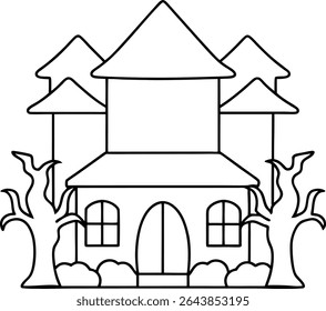 Haunted House Coloring Page A Spooky Mansion with Bare Trees and Bushes Creepy Halloween Outline Illustration Ready for Coloring Fun Perfect for Festive Activities and Decorations