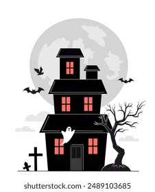 Haunted house concept. Silhouette of ancient castle with ghost and bats. Poster or banner for Halloween. Mystical and scary building. Flat vector illustration isolated on white background