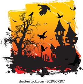 Haunted House Creepy Halloween Design with Pumpkins and Bats sun site time