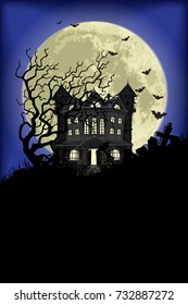 Haunted house, crooked tree and full moon. Halloween background,.