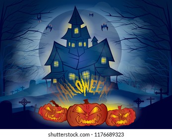 Haunted house in dark forest with big moon backgroung. Illustrated for halloween season