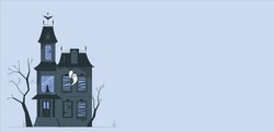 Haunted House With Dark Horror Atmosphere. Haunted Scene House. Haunted Old House With The Moon. Halloween Image Vector Illustration. Haunted House And Spooky Full Moon. Flat Style Designed
