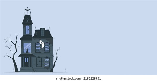 Haunted House with Dark Horror Atmosphere. Haunted Scene House. Haunted old house with the moon. Halloween image vector illustration. Haunted house and spooky full moon. flat style designed