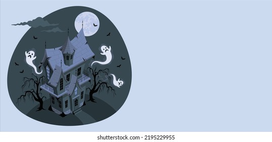 Haunted House with Dark Horror Atmosphere. Haunted Scene House. Illustration for Halloween. Castle in the background of the moon, tombstones, bats, creepy trees, owl and pumpkins. illustration vector
