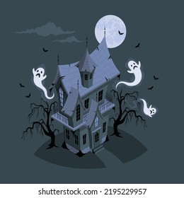 Haunted House with Dark Horror Atmosphere. Haunted Scene House. Illustration for Halloween. Castle in the background of the moon, tombstones, bats, creepy trees, owl and pumpkins. illustration vector