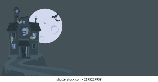 Haunted House with Dark Horror Atmosphere. Haunted Scene House. Haunted old house with the moon. Halloween image vector illustration. Haunted house and spooky full moon. flat style designed