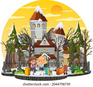 Haunted house at daytime scene illustration