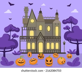 Haunted house decorated with orange pumpkins, darkness, cemetery, ghosts, spiders, creepy monsters to celebrate festive Halloween, flat illustration.