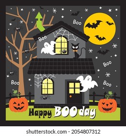 Haunted house and decorations for halloween greeting card