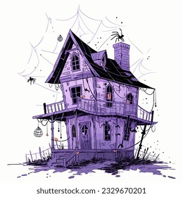 A haunted house draped in cobwebs and adorned with flickering lights. Vector Illustration.