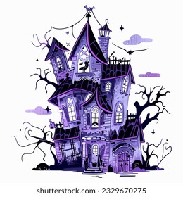 A haunted house draped in cobwebs and adorned with flickering lights. Vector Illustration.