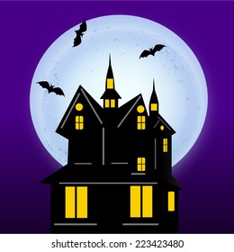 Haunted house with flying bird and moon on purple background for Halloween concept.