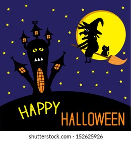 Haunted house and flying witch and cat. Happy Halloween card. Vector illustration.