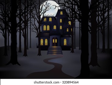 Haunted House In Foggy Forest In Full Moon. Spooky  Scene. Vector Illustration