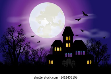 Haunted house with full moon and bats for Halloween night