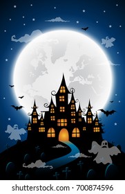 haunted house and full moon with ghost,Halloween night background.Vector illustration.