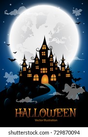 haunted house and full moon with ghost,Halloween night background.Vector illustration.