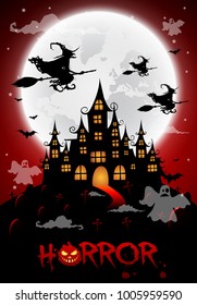 haunted house and full moon with ghost,horror night background.Vector illustration.