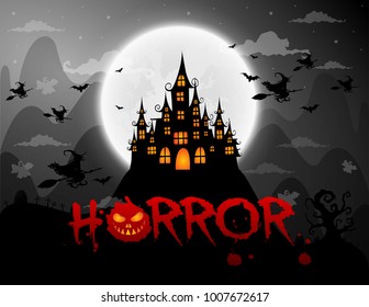haunted house and full moon with ghost,horror night background.Vector illustration.