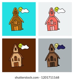 haunted house and full moon with ghost,horror night background.Vector illustration.