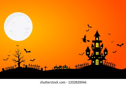 haunted house and full moon with ghost,horror night background.Vector illustration.