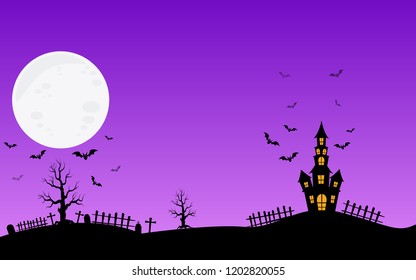 haunted house and full moon with ghost,horror night background.Vector illustration.