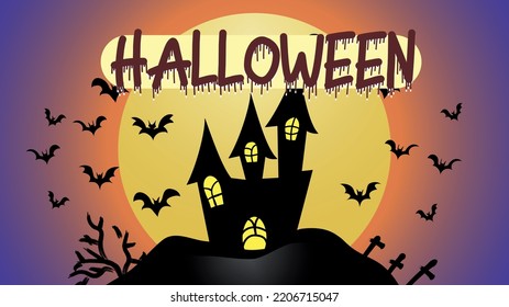 Haunted house and full moon illustration. Happy haunted house and full moon with bats. Happy Halloween design with pumpkins, bats and moon.