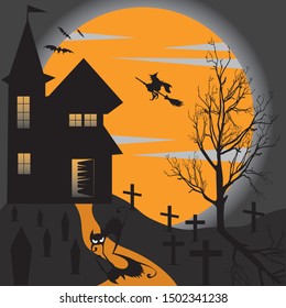 haunted house with a full moon night background with a flying witch and a shocked black cat in the middle of a funeral. Happy Halloween