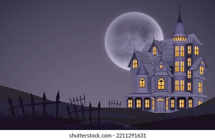 Haunted house with full moon in the night scenery. Graphic vector