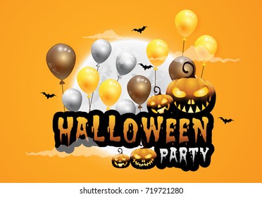 haunted house and full moon with pumpkins and ghost,party happy Halloween night background.Vector illustration.