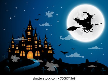 haunted house and full moon with witch and ghost,Halloween night background.Vector illustration.