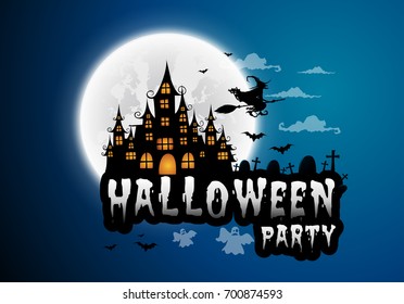 haunted house and full moon with witch and ghost,Halloween night background.Vector illustration.