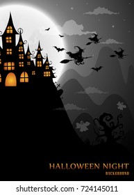 haunted house and full moon with witch and ghost,Halloween night background.Vector illustration.