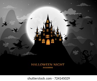 haunted house and full moon with witch and ghost,Halloween night background.Vector illustration.