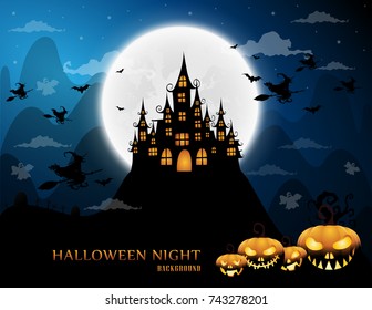 haunted house and full moon with witch and ghost,Halloween night background.Vector illustration.