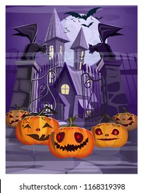 Haunted house with gate and pumpkins vector illustration. Purple Halloween night background. Holiday concept. For websites, wallpapers, banners or posters