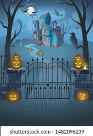  Haunted House with gate, pumpkins, 
a witch on a broomstick, spiders, a crow and a ghost. Cartoon style vector illustration.