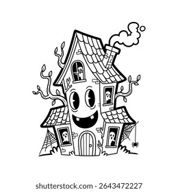 Haunted House with Ghost and Broken Windows – Creepy Halloween Building for Decor or Story Illustration – Vector Illustration